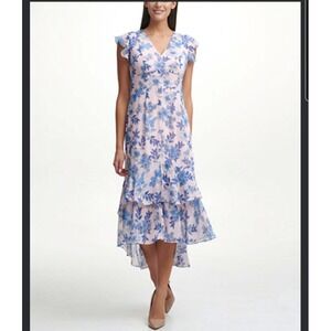 Tommy Hilfiger Sz 16 Pink Blue Floral Babydoll Tiered Whimsical Vneck Midi Dress